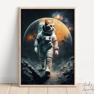 Astronauten Katze, lustiges Tier im Weltraum Druck, Katze im Raumanzug, lustige Katzenkunst, schrullige Tierstimmung, Printables, AI Digital Art