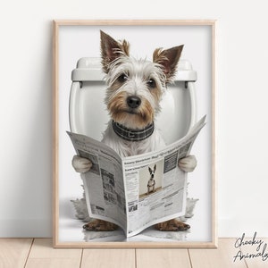 Terrier Sitting on the Toilet Reading a Newspaper, Funny Bathroom Wall Art, Funny Dog Photo, Animal Prints, Home Printables, AI Digital Art