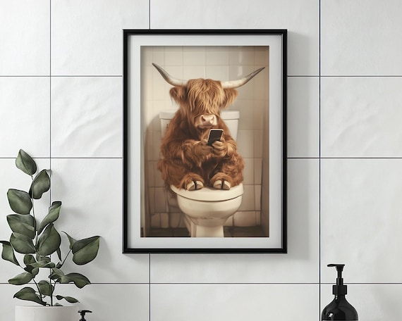 Funny Highland Cow Bathroom Art: Vintage Toilet Humor Print (Digital Download)