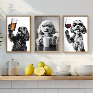 Cockapoo Dog Wall Art Bundle, Funny Kitchen Decor, Cute Cockapoo Drinking Beer, Red Wine, Coffee, Dog Lover Photo Prints, Printable AI Art