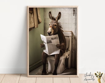 Esel sitzt auf der Toilette und liest eine Zeitung, Witziger Badezimmer Humor, Wand Dekor, Lustige Animal Print, Home Printables, AI Digital Prints