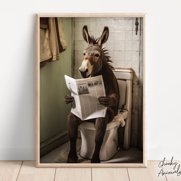 Esel sitzt auf der Toilette und liest eine Zeitung, Witziger Badezimmer Humor, Wand Dekor, Lustige Animal Print, Home Printables, AI Digital Prints