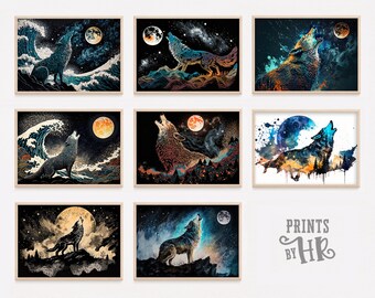 Wolf Howling at Moon Art Print Set, Stylish Animal Home Decor (Digital Download)