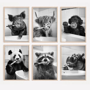 Lote de 6 divertidos dibujos para pared de baño, animales cepillándose los dientes, foto impresa, vaca de las Tierras Altas, hipopótamo, mono, panda, cerdo, mapache, arte de IA imprimible