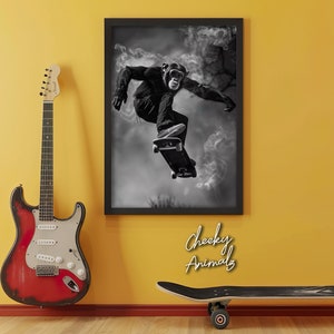 Monkey Skateboarding, Funny Animal Wall Art, Monkey on Skateboard, Funny Monkey Photo, Funny Animal Photography, Home Printables, AI Art