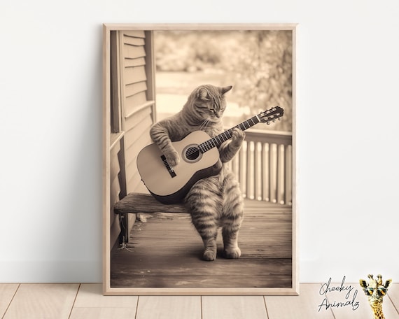 ギターを弾く面白い猫のプリント：ヴィンテージ動物写真（デジタル
