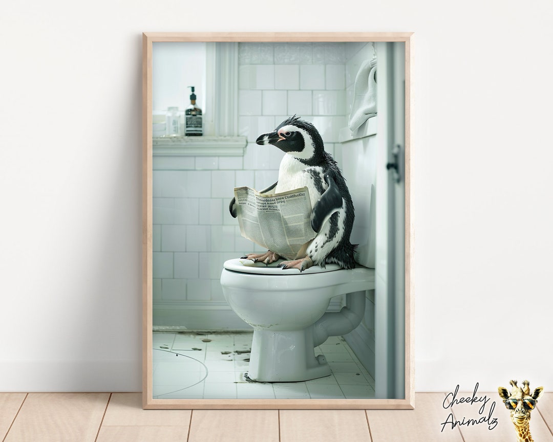 Funny Penguin Bathroom Print: Animal on Toilet Wall Art (AI Digital ...
