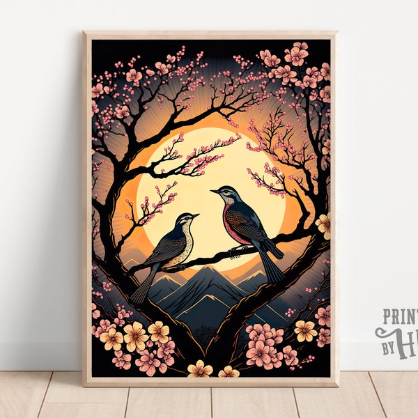 2 Birds on a tree in Sunset, Ukiyo-e Art, Romantic, Japanese Landscape, His and Hers, Home Decor, Bedroom Wall Art, Printables, AI Created