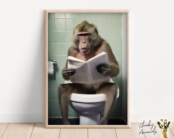 Funny Baboon Bathroom Print: Ape on Toilet Wall Art (Digital Download)