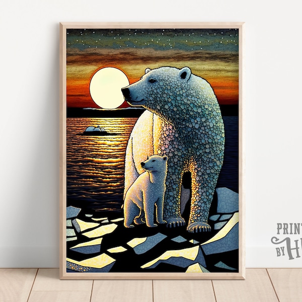 Polar Bear Mama and Baby Cub, Pointillism Animal Art, Printables, Arctic Landscape, Polar Bear Print, Beautiful Home Wall Decor, AI Created