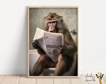 Funny Baboon Bathroom Print: Ape Reading Newspaper on Toilet (Digital Download)