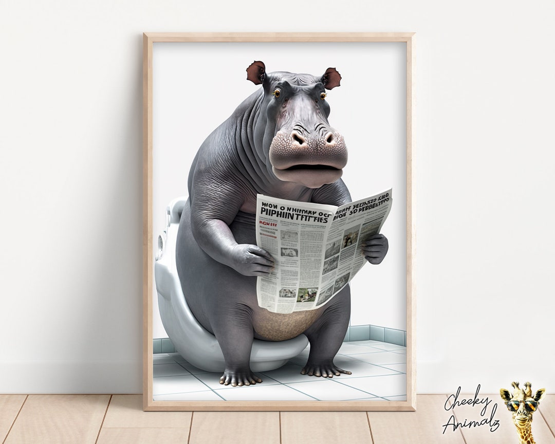 Hippo Sitting on the Toilet Reading a Newspaper, Funny Bathroom Humor