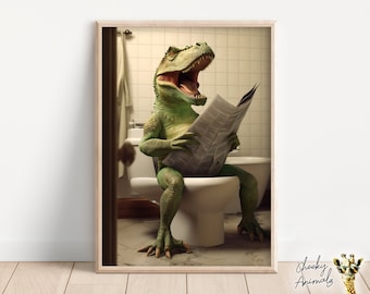 Funny T-Rex Bathroom Print: Dinosaur on Toilet Reading (Digital Print)