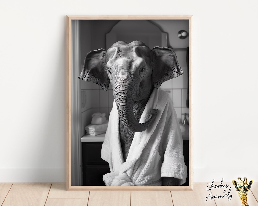 Elephant in a Bathrobe, Funny Bathroom Wall Art, Quirky Animal Art ...