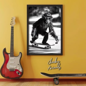 Monkey Skateboarding, Funny Animal Wall Art, Monkey on Skateboard, Funny Monkey Photo, Funny Animal Photography, Home Printables, AI Art