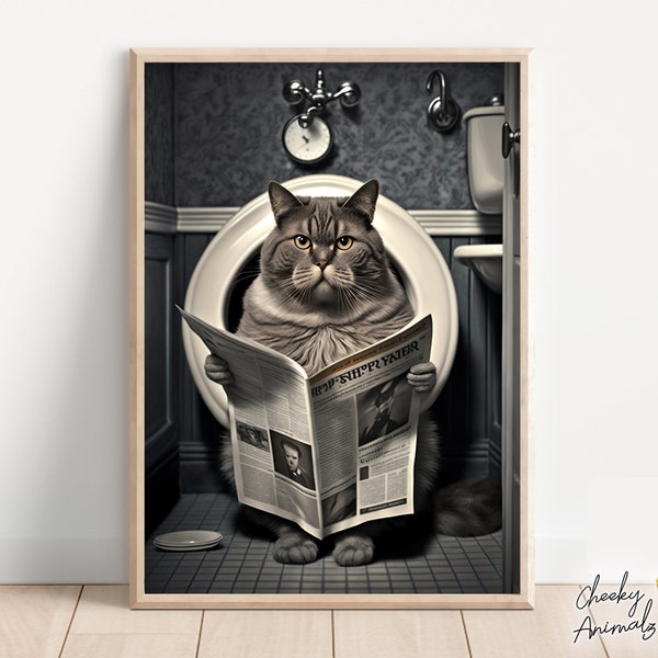 Cat Sitting on the Toilet Reading a Newspaper, Funny Bathroom Humor, Wall Decor, Funny Animal Print, Home Printables, AI Digital Prints