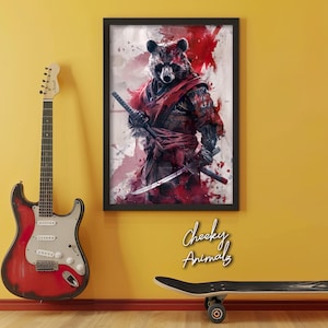 May include: A digital art print featuring a raccoon dressed as a samurai warrior, holding a sword. The background is a red and white watercolor wash with splatters of paint. The print is titled "Cheeky Animals".