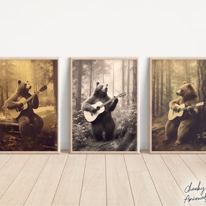 Bear Playing Guitar, Bundle of 3, Funny Vintage Animal Prints, Vintage Photo, Funny Bear Wall Art, Music Home Decor, Printables, AI Art