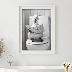Duck Sitting on the Toilet Reading a Newspaper, Funny Bathroom Humor, Wall Decor, Funny Animal Print, Home Printables, AI Digital Prints