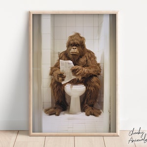 Sasquatch Sitting on the Toilet Reading a Newspaper, Funny Bigfoot Print, Funny Bathroom Printables, Mythical Creature Wall Art, AI Art
