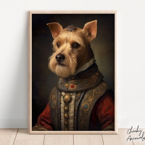 Aristocratic Terrier, Funny Dog Wall Art, Renaissance Painting, Dog Portrait Print, Quirky Animals, Home Decor, Printables, AI Digital Art