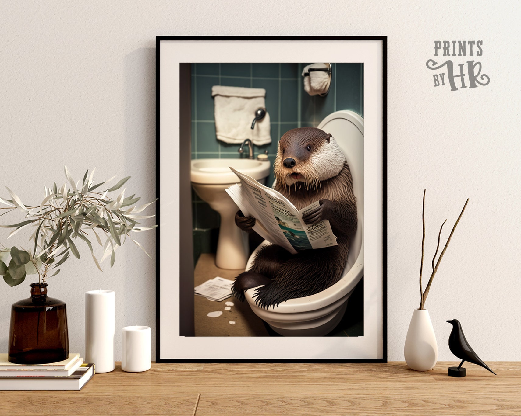 Discover Otter Sitting on the Toilet Reading a Newspaper, Funny Bathroom Humor, Wall Decor, No Frame