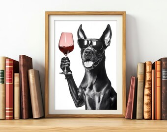 Deutsche Dogge Hund Wein trinkend und Sonnenbrille tragend, lustige Küche Wandkunst, Hunde-Liebhaber-Humor, Esszimmer-Dekor, Wein-Liebhaber, druckbare AI-Kunst
