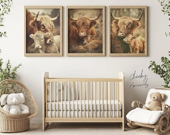 Mom & Baby Highland Cow, Cute Animal Wall Art Bundle of 4, Nursery Room, Vintage Style Photo, Bedroom Prints, Mommy and Me, Printable AI Art