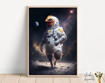 Astronaut Chicken, Funny Animals in Space Print, Chicken in a Spacesuit, Space Chicken Art, Quirky Animal Humor, Printables, AI Digital Art