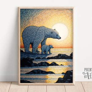 Polar Bear Mama and Baby Cub, Pointillism Animal Art, Printables, Arctic Landscape, Polar Bear Print, Beautiful Home Wall Decor, AI Created