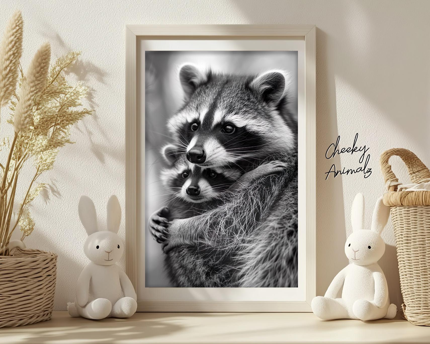 Mom & Baby Raccoon, Cute Animal Wall Art, Nursery Room, Bedroom Prints, Cute Vintage Style Animal Photo, Mommy and Me, Printable AI Art