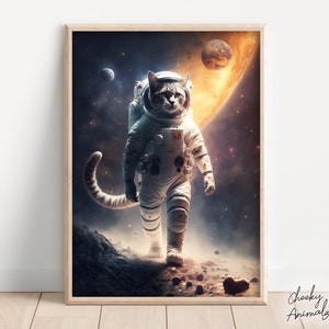 Astronauten Katze, lustiges Tier im Weltraum Druck, Katze im Raumanzug, lustige Katzenkunst, schrullige Tierstimmung, Printables, AI Digital Art