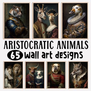 Animales aristocráticos, paquete grande, arte divertido de la pared de animales, pintura de animales renacentista, arte animal peculiar, impresión de decoración del hogar, arte de IA imprimible