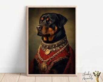 Aristocratic Rottweiler, Funny Dog Wall Art, Renaissance Painting, Dog Portrait Print, Quirky Animals, Home Decor, Printables, AI Art