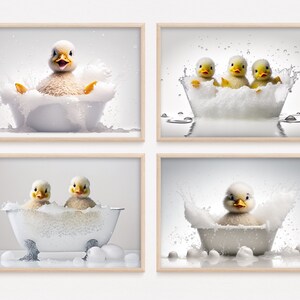 May include: Four framed prints featuring adorable ducklings in bathtubs. Each print shows a different scene of the ducklings splashing in soapy water. The ducklings are yellow and white, with orange beaks and feet. The bathtubs are white, and the background is a light gray.