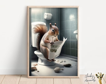 Funny Squirrel Bathroom Print: Animals on Toilet Wall Art (Digital Print)