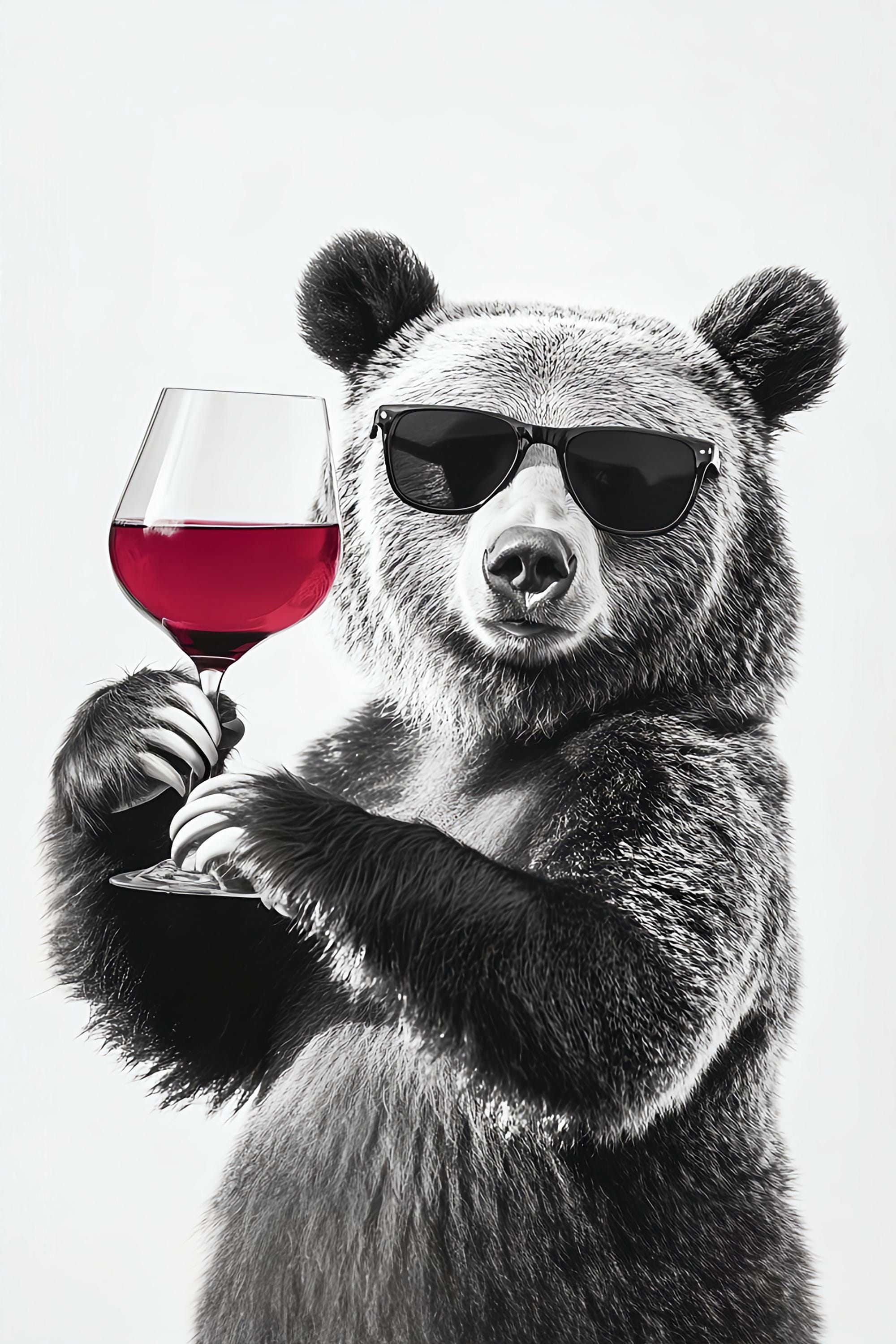 絵画。原画【ワイン好きの熊】 ワインを飲む面白いクマのアートプリント：ホームバーの装飾（デジタル