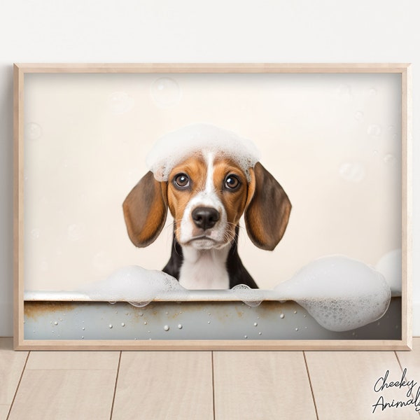 Beagle Pup in the Bathtub, Cute Dog Photograph, Beagle in Bubble Bath, Funny Animal Prints, Funny Bathroom Wall Art, Printables, AI Art