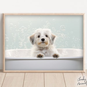 Havanese Pup in the Bathtub, Cute Dog Photograph, Havanese in Bubble Bath, Funny Animal Prints, Funny Bathroom Wall Art, Printables, AI Art