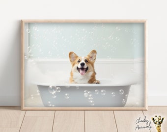 Corgi Pup in the Bathtub, Cute Dog Photograph, Corgi in Bubble Bath, Funny Animal Prints, Funny Bathroom Wall Art, Printables, AI Art