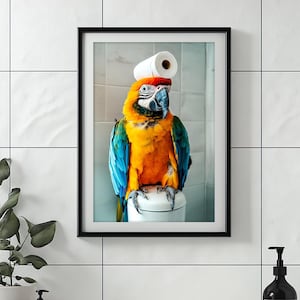 Parrot with a Toilet Paper Roll on Head, Funny Bathroom Wall Art Print, Cute Laundry Room Decor, Animal Humor Photo, Printable AI Art