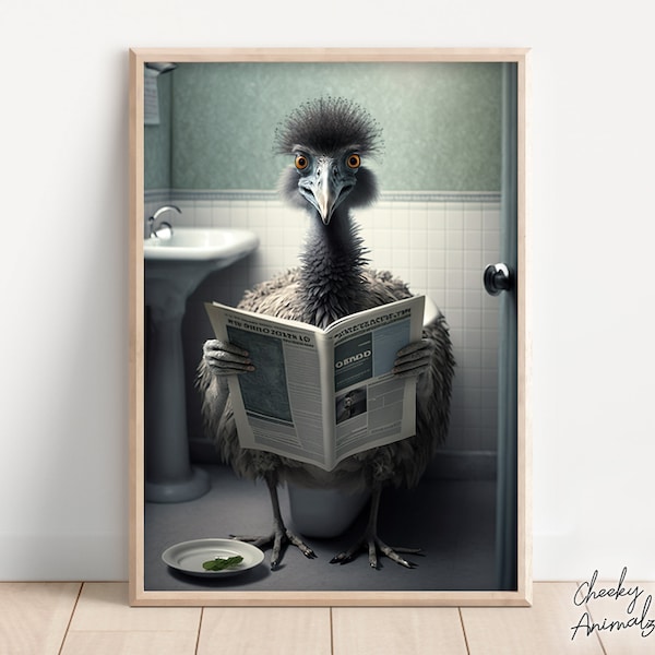 Emu sitzt auf der Toilette und liest eine Zeitung, Lustiger Badezimmer Humor, Wand Dekor, Lustige Animal Print, Home Printables, AI Digital Prints