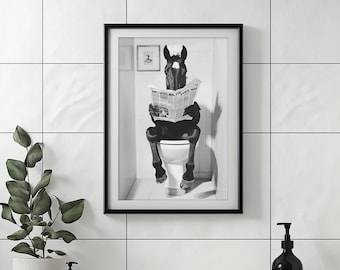 May include: Black and white photo of a horse sitting on a toilet and reading a newspaper. The newspaper headline reads "The World Today".