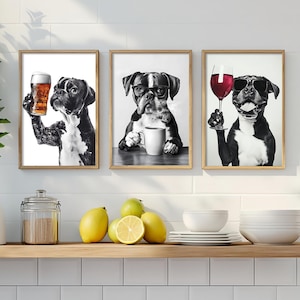 Boxer Dog Wall Art Bundle, Funny Kitchen Decor, Cute Boxer Dog Drinking Beer, Red Wine and Coffee, Dog Lover Photo Prints, Printable AI Art