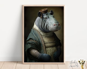 Aristocratic Hippo, Funny Animal Wall Decor, Renaissance Painting, Hippo Portrait, Quirky Animal Art, Home Decor, Printables, AI Digital Art