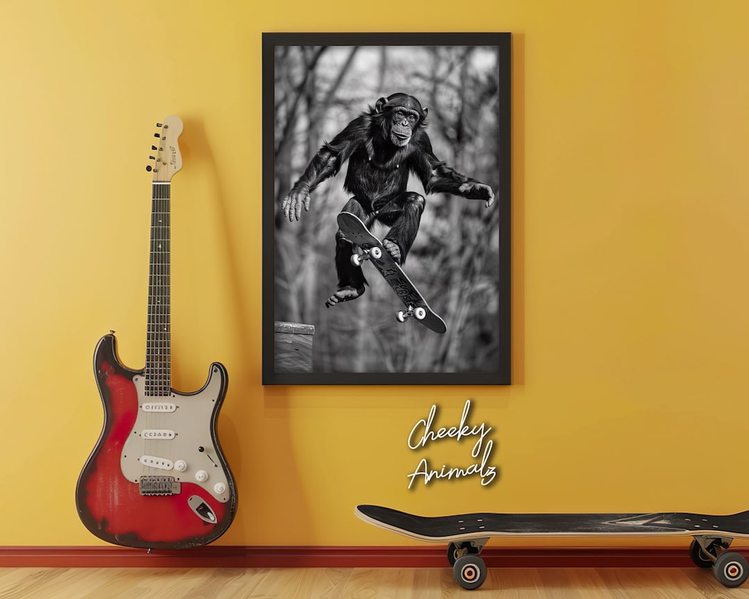 Monkey Skateboarding Art: Funny Animal Photo Print (digital