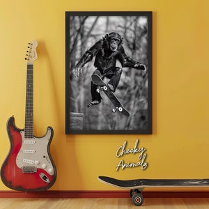 Monkey Skateboarding, Funny Animal Wall Art, Monkey on Skateboard, Funny Monkey Photo, Funny Animal Photography, Home Printables, AI Art