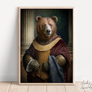 Aristocratic Bear, Funny Animal Wall Decor, Renaissance Painting, Brown Bear Portrait, Quirky Animal Art, Home Decor, Printables, AI Created