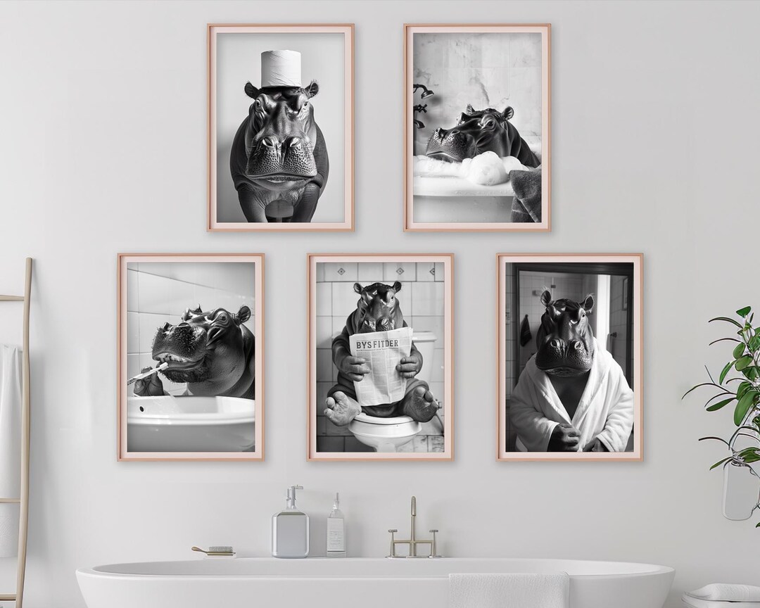 Funny Hippo Wall Art Bundle of 5, Cute Animal Bathroom Photo Print Set ...