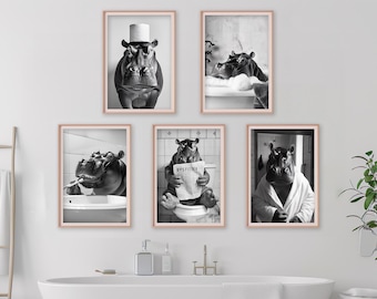 Funny Hippo Bathroom Art Prints: Retro Animal Photo Set (Digital Download)